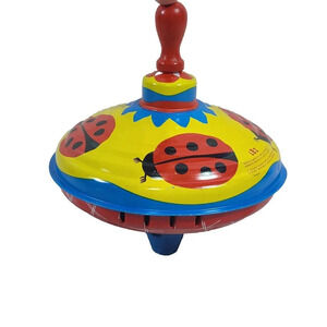 Vintage Lorenz Bolz Zirndorf Tin Spinning Top Ladybugs Yellow Red Blue Germany